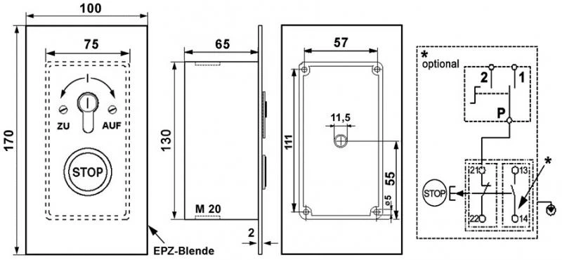 WTS - Standard - Schlüsselschalter mit 1 Rast-Kontakt : Schlüssel : AUS/EIN  Drucktasten: AUF - AB  , UP ,Wassergeschützt - Schutzart IP 54