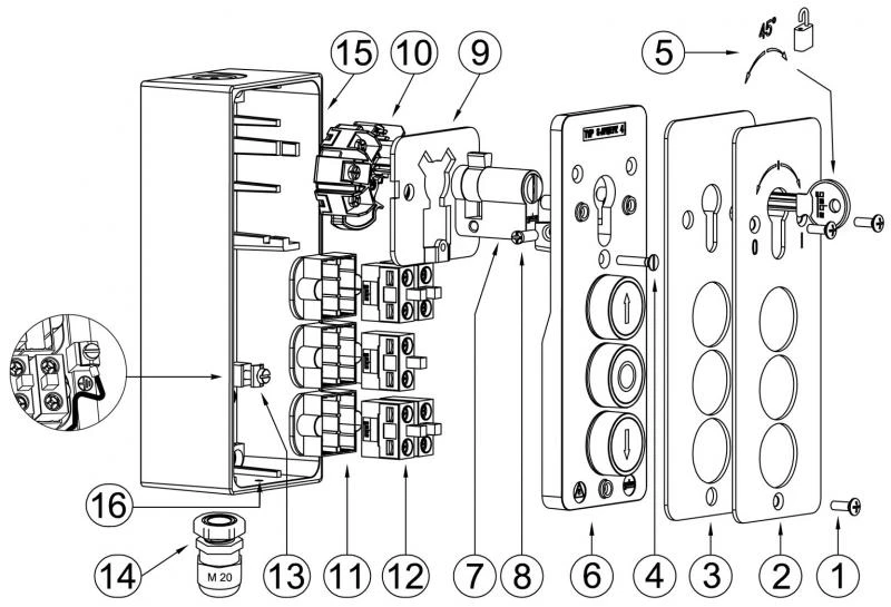 WTS - Standard - Schlüsselschalter mit 1 Rast-Kontakt Schlüssel : Ein/Aus Drucktasten: AUF/NOT-HALT/AB, AP Wassergeschützt - Schutzart IP 54