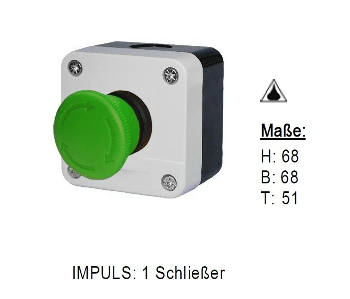 WTS - Einfach-Pilz-Drucktaster (grüner Pilz, tastend) IMPULS 1 Schließer Wassergeschützt - Schutzart IP 65