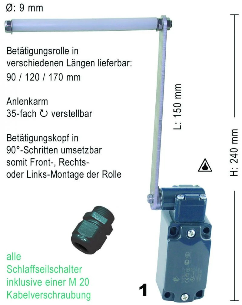 WTS - Schlaffseilschalter mit Betätigungsrolle Rollenlänge 90mm LINKS montiert Wassergeschützt - IP 67