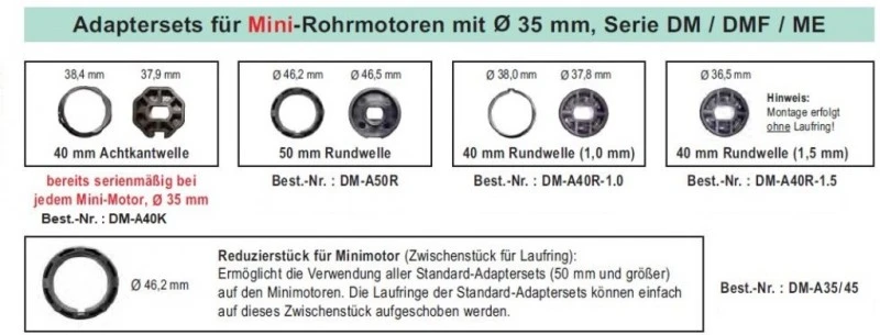 WTS - Adapterset DM-A40R-1.0 - 40 mm Rundwelle 1,0 mm für Mini-Rohrmotoren  Ø 35 mm, Serie DM - DMF - ME