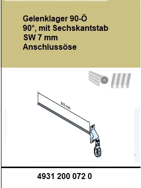 Gelenklager 90-Ö 90°, mit Sechskantstab SW 7 mm Anschlussöse. für Rohrantriebe mit Handkurbelanschluss