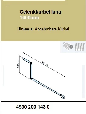 Gelenkkurbel lang Abnehmbar L=1600mm mit Kurbelhaken für Antriebe mit Handkurbelanschluss