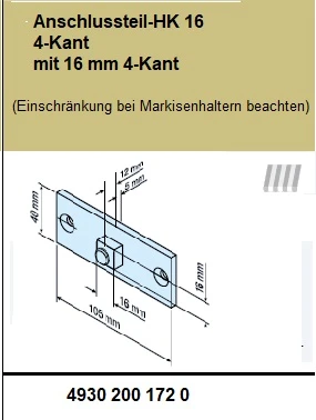 Anschlussteil-HK 16 4-Kant mit 16 mm 4-Kant  für Rohrantriebe mit Handkurbelanschluss