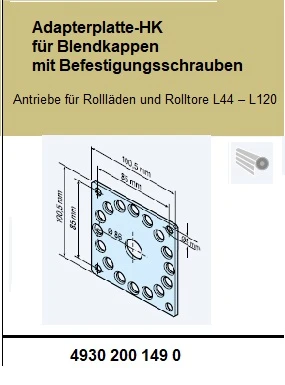 Adapterplatte-HK für Blendkappen mit Befestigungsschrauben. Für Rohrantriebe  mit Handkurbelanschluss