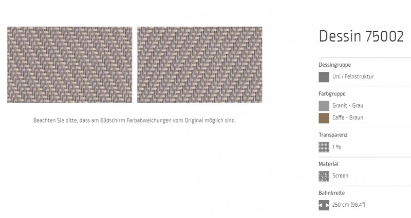 Markisentuch Screen-Gewebe, Granit - Grau und Caffe - Braun ,Transparenz 1 Prozent, Stoff-Nr. 75002