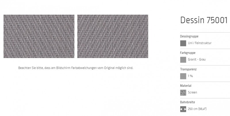 Markisentuch Screen-Gewebe, Granit - Grau ,Transparenz 1 Prozent, Stoff-Nr. 75001