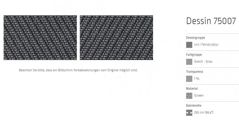 Markisentuch Screen-Gewebe, Granit - Grau, Transparenz 1 Prozent, Stoff-Nr. 75007