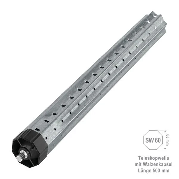 Teleskopwelle SW 60, Länge 500 mm, aus feuerverzinktem Stahl, für Achtkantwelle SW 60, montiert mit Walzenkapsel