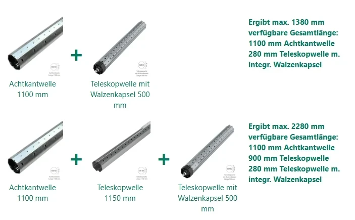 Teleskopwelle SW 60, Länge 500 mm, aus feuerverzinktem Stahl, für Achtkantwelle SW 60, montiert mit Walzenkapsel
