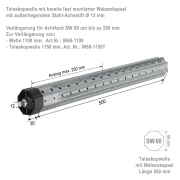 Teleskopwelle SW 60, Länge 500 mm, aus feuerverzinktem Stahl, für Achtkantwelle SW 60, montiert mit Walzenkapsel