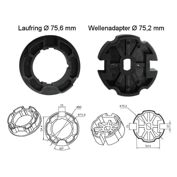 WTS - Adapterset DM-A78R : 78 mm Rundwelle mit Nut für alle Rohrmotoren  Ø 45 mm Serie