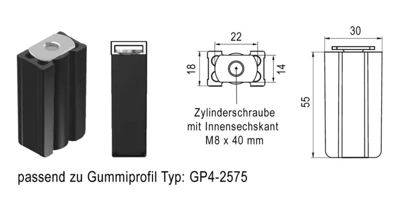 WTS - Auflaufstopper, 30x18x55 mm, mit Innensechskantschraube M8x40mm passend zu Gummiprofil GP 4 