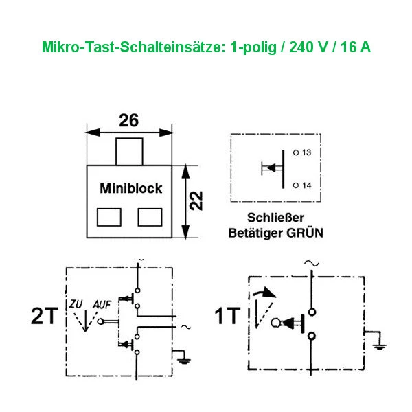 Miniatur -  Schlüsseltaster Typ: MS-APZ1-2T 2 Tast-Kontakten AB/AUF, IP 54